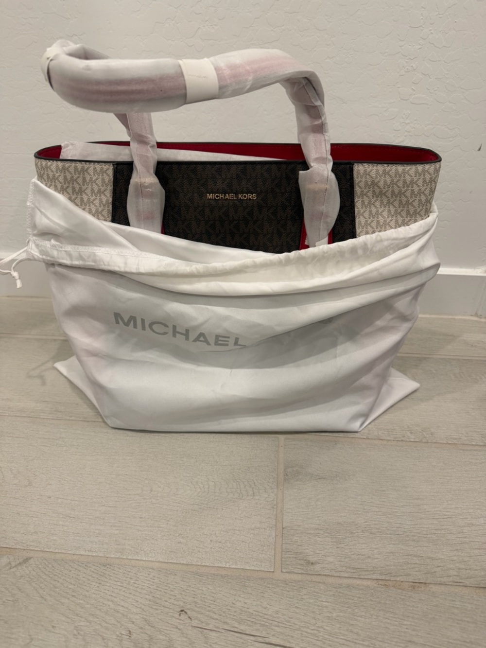 Michael Kors Signature Tote in Brown, Beige and Red Trim